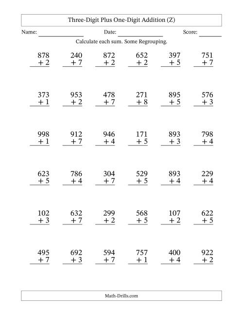 The Three-Digit Plus One-Digit Addition With Some Regrouping – 36 Questions (Z) Math Worksheet