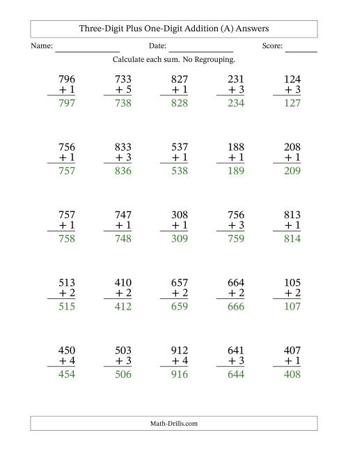 3-Digit Plus 1-Digit Addition with NO Regrouping (A)