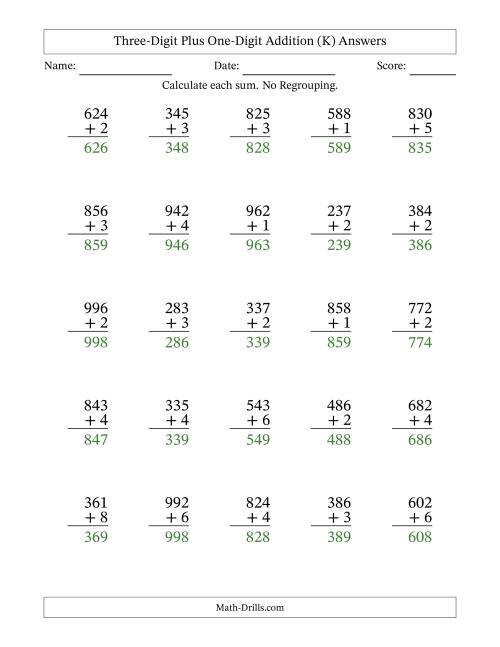 The Three-Digit Plus One-Digit Addition With No Regrouping – 25 Questions (K) Math Worksheet Page 2