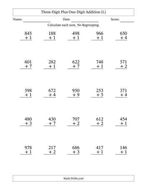 The Three-Digit Plus One-Digit Addition With No Regrouping – 25 Questions (L) Math Worksheet