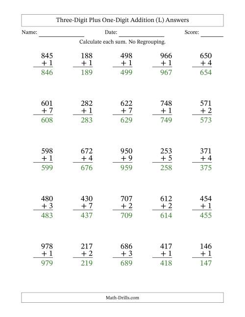 The Three-Digit Plus One-Digit Addition With No Regrouping – 25 Questions (L) Math Worksheet Page 2