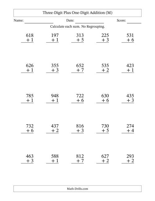 The Three-Digit Plus One-Digit Addition With No Regrouping – 25 Questions (M) Math Worksheet
