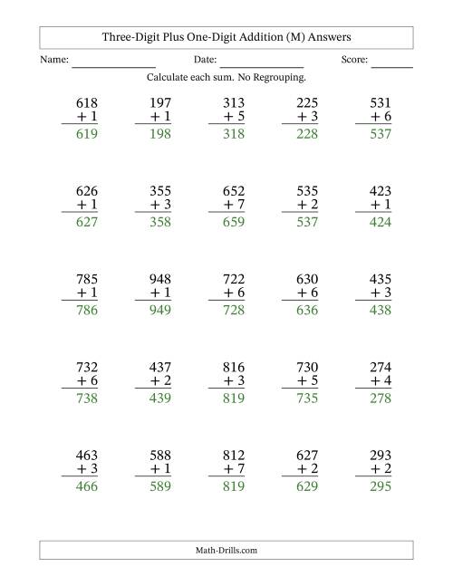 The Three-Digit Plus One-Digit Addition With No Regrouping – 25 Questions (M) Math Worksheet Page 2