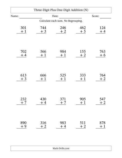 The Three-Digit Plus One-Digit Addition With No Regrouping – 25 Questions (N) Math Worksheet