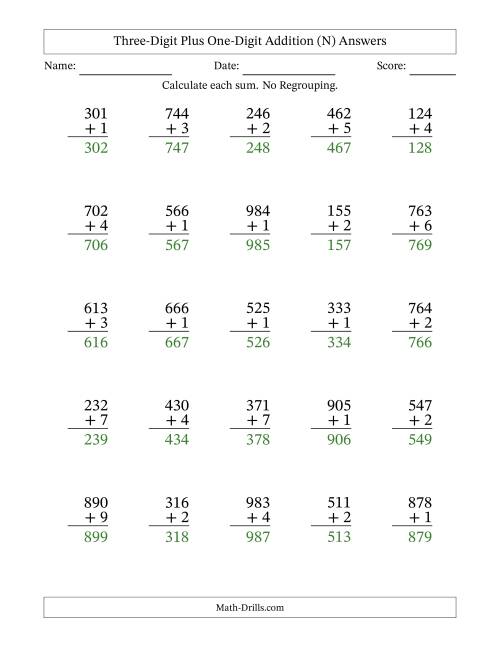 The Three-Digit Plus One-Digit Addition With No Regrouping – 25 Questions (N) Math Worksheet Page 2