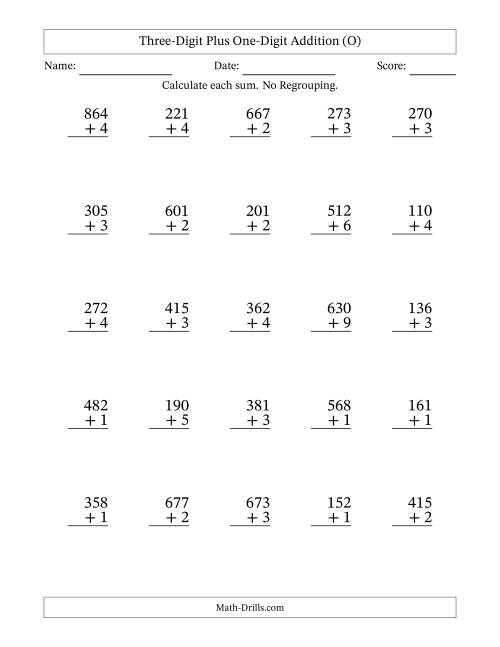 The Three-Digit Plus One-Digit Addition With No Regrouping – 25 Questions (O) Math Worksheet