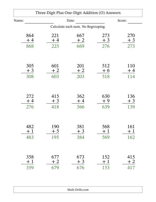 The Three-Digit Plus One-Digit Addition With No Regrouping – 25 Questions (O) Math Worksheet Page 2
