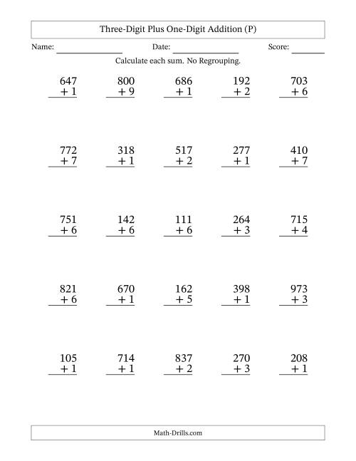 The Three-Digit Plus One-Digit Addition With No Regrouping – 25 Questions (P) Math Worksheet