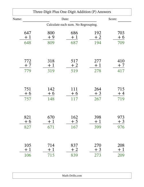 The Three-Digit Plus One-Digit Addition With No Regrouping – 25 Questions (P) Math Worksheet Page 2