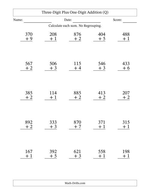The Three-Digit Plus One-Digit Addition With No Regrouping – 25 Questions (Q) Math Worksheet