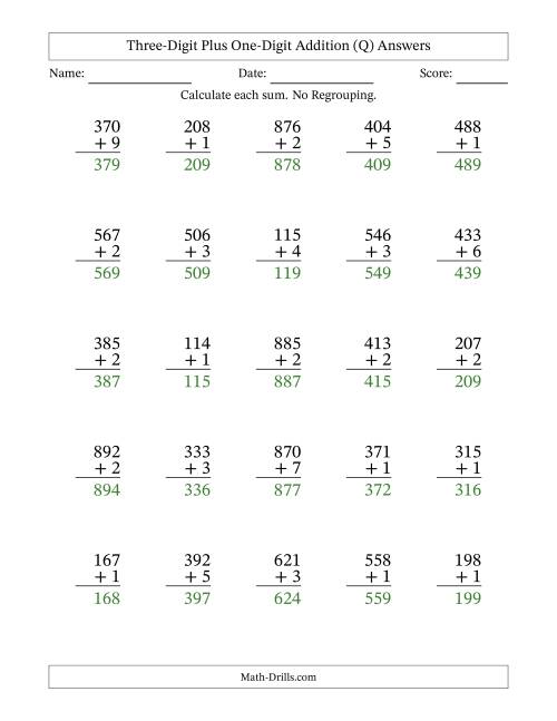 The Three-Digit Plus One-Digit Addition With No Regrouping – 25 Questions (Q) Math Worksheet Page 2