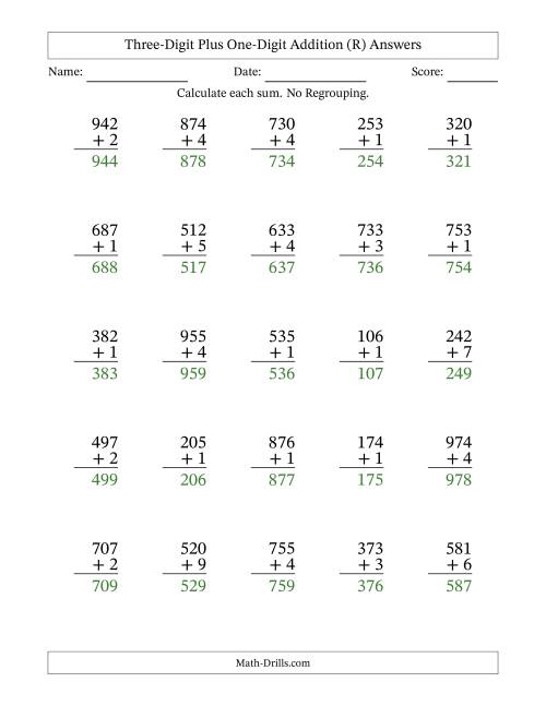 The Three-Digit Plus One-Digit Addition With No Regrouping – 25 Questions (R) Math Worksheet Page 2