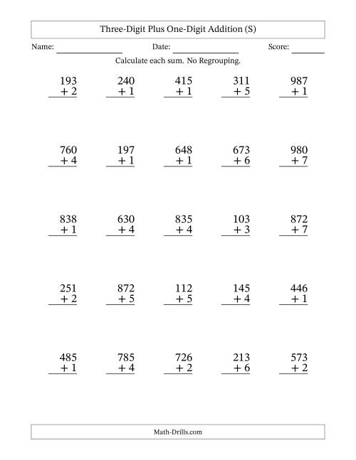 The Three-Digit Plus One-Digit Addition With No Regrouping – 25 Questions (S) Math Worksheet