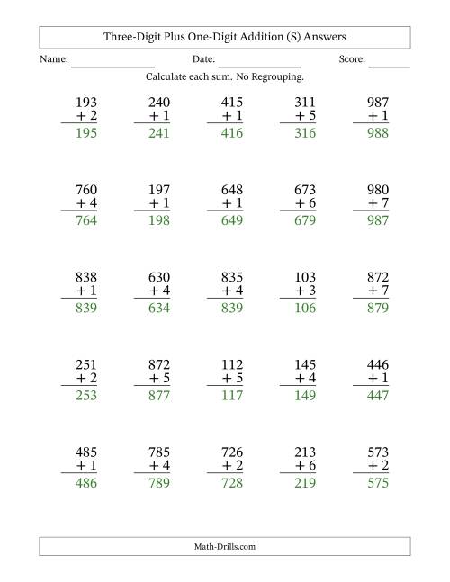 The Three-Digit Plus One-Digit Addition With No Regrouping – 25 Questions (S) Math Worksheet Page 2