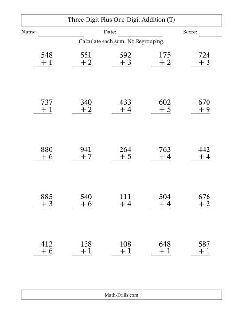 The Three-Digit Plus One-Digit Addition With No Regrouping – 25 Questions (T) Math Worksheet
