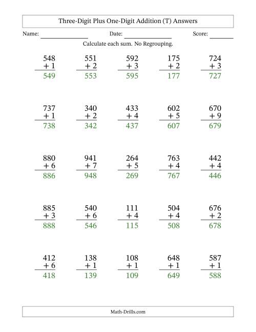 The Three-Digit Plus One-Digit Addition With No Regrouping – 25 Questions (T) Math Worksheet Page 2