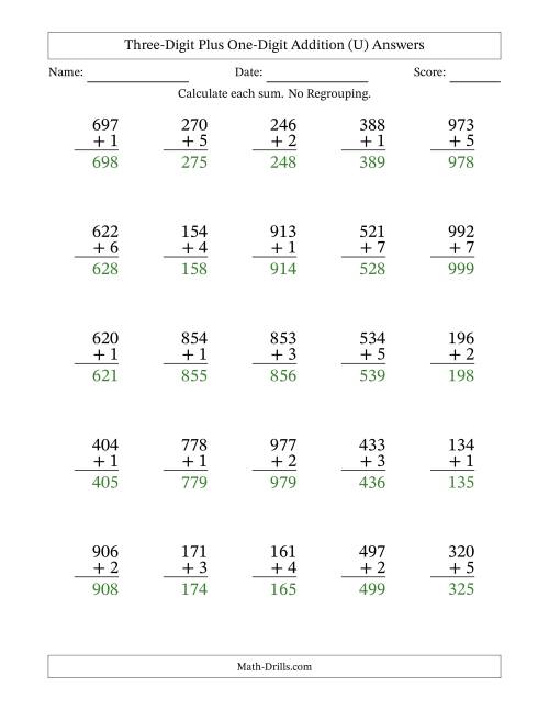 The Three-Digit Plus One-Digit Addition With No Regrouping – 25 Questions (U) Math Worksheet Page 2
