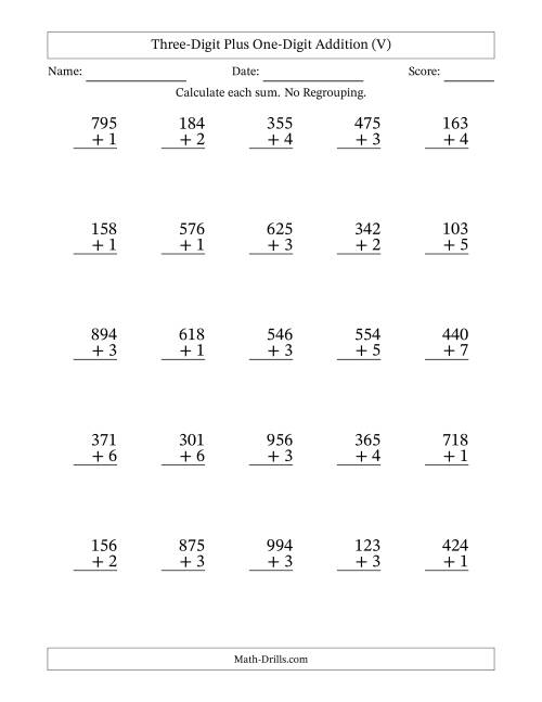 The Three-Digit Plus One-Digit Addition With No Regrouping – 25 Questions (V) Math Worksheet