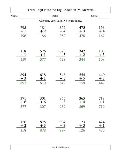 The Three-Digit Plus One-Digit Addition With No Regrouping – 25 Questions (V) Math Worksheet Page 2