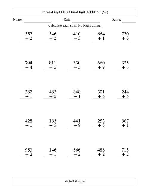 The Three-Digit Plus One-Digit Addition With No Regrouping – 25 Questions (W) Math Worksheet