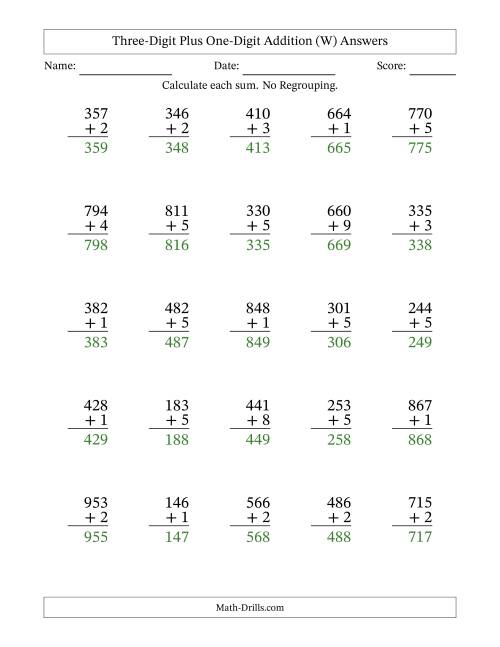 The Three-Digit Plus One-Digit Addition With No Regrouping – 25 Questions (W) Math Worksheet Page 2