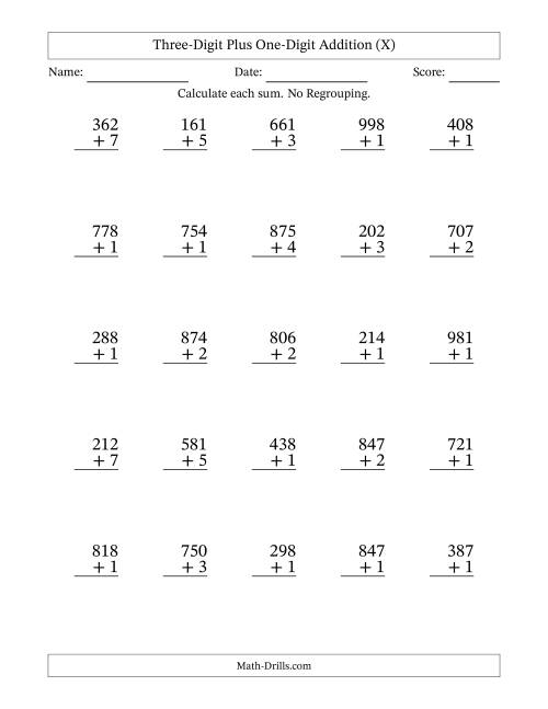 The Three-Digit Plus One-Digit Addition With No Regrouping – 25 Questions (X) Math Worksheet