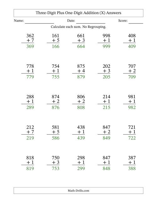 The Three-Digit Plus One-Digit Addition With No Regrouping – 25 Questions (X) Math Worksheet Page 2