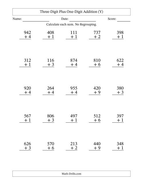 The Three-Digit Plus One-Digit Addition With No Regrouping – 25 Questions (Y) Math Worksheet