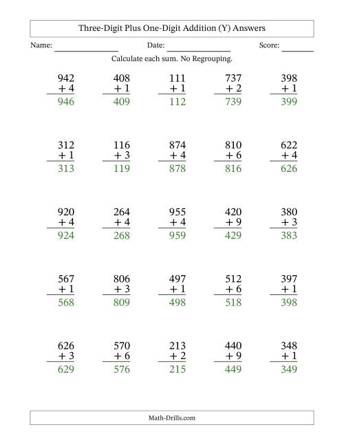 The Three-Digit Plus One-Digit Addition With No Regrouping – 25 Questions (Y) Math Worksheet Page 2