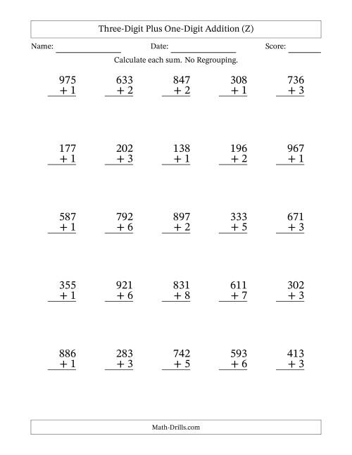 The Three-Digit Plus One-Digit Addition With No Regrouping – 25 Questions (Z) Math Worksheet