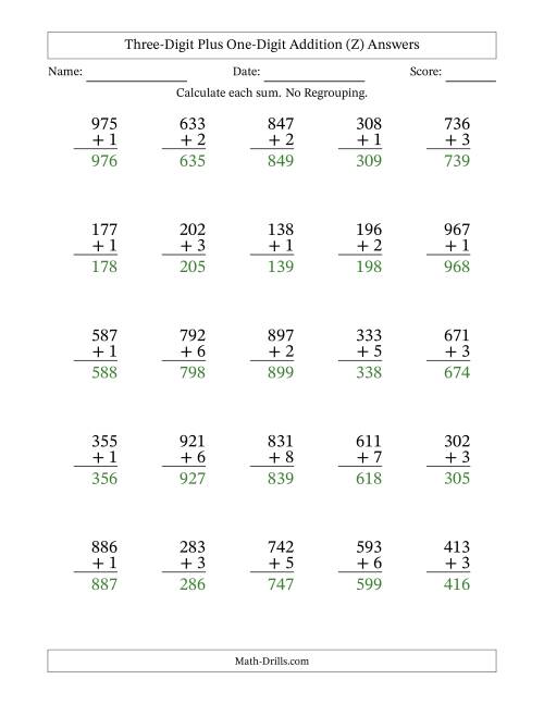 The Three-Digit Plus One-Digit Addition With No Regrouping – 25 Questions (Z) Math Worksheet Page 2
