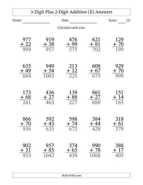 3 digit plus 2 digit addition with some regrouping 25 questions e