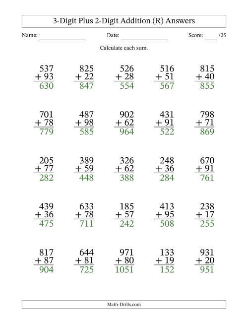 The 3-Digit Plus 2-Digit Addition With Some Regrouping (25 Questions) (R) Math Worksheet Page 2
