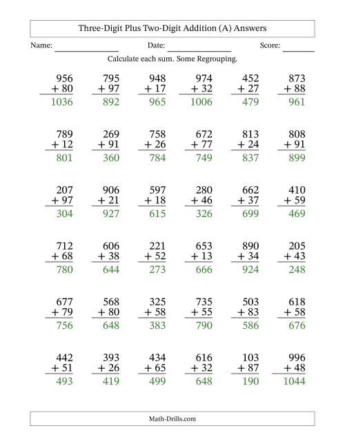 Three-Digit Plus Two-Digit -- 36 Questions (A)