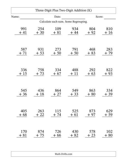 The Three-Digit Plus Two-Digit Addition With Some Regrouping – 36 Questions (K) Math Worksheet