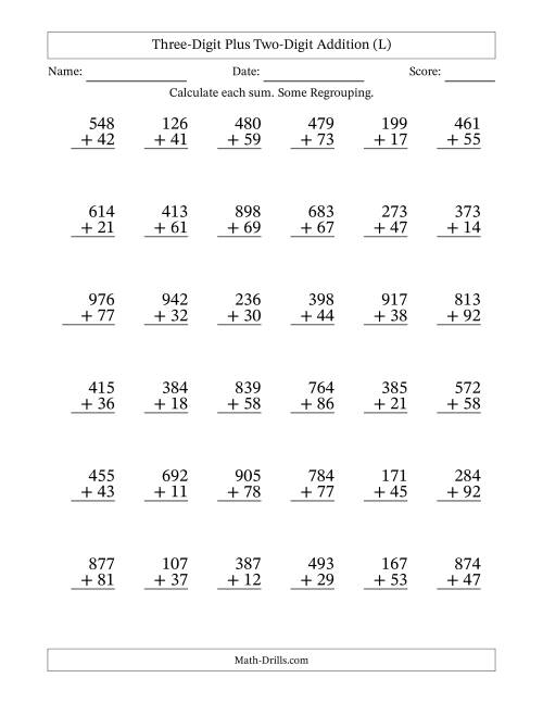 The Three-Digit Plus Two-Digit Addition With Some Regrouping – 36 Questions (L) Math Worksheet