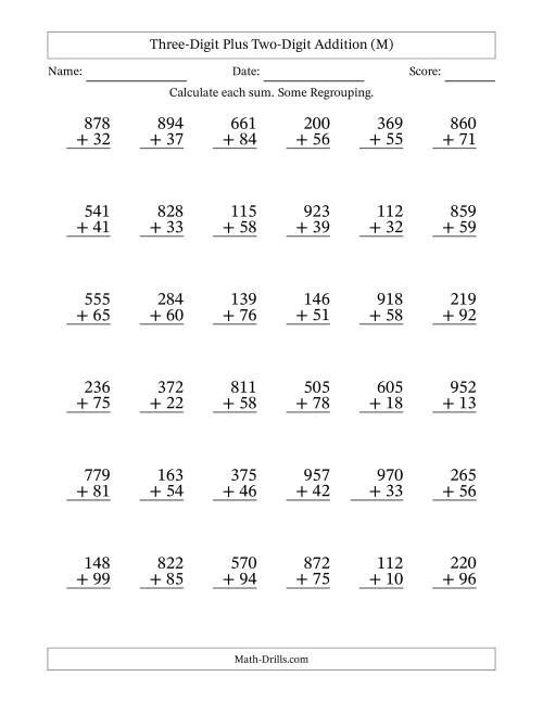The Three-Digit Plus Two-Digit Addition With Some Regrouping – 36 Questions (M) Math Worksheet