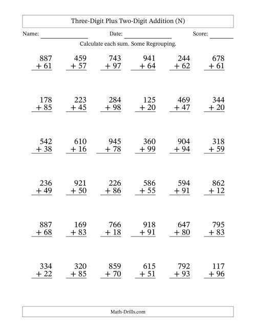 The Three-Digit Plus Two-Digit Addition With Some Regrouping – 36 Questions (N) Math Worksheet