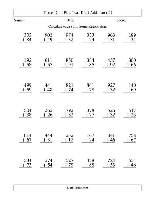The Three-Digit Plus Two-Digit Addition With Some Regrouping – 36 Questions (O) Math Worksheet