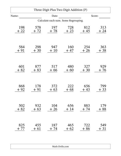 The Three-Digit Plus Two-Digit Addition With Some Regrouping – 36 Questions (P) Math Worksheet