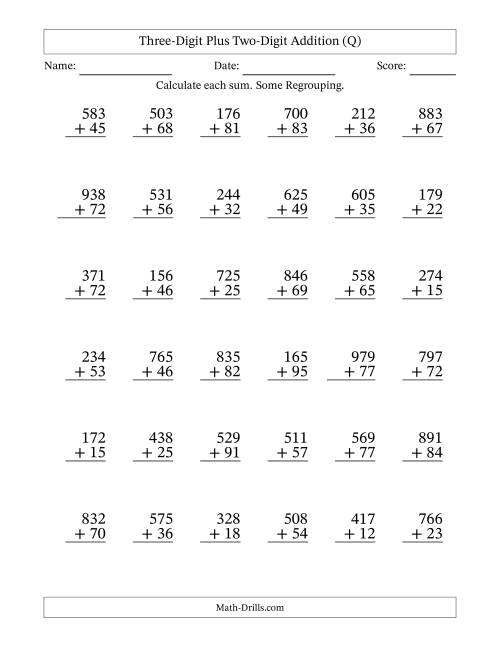 The Three-Digit Plus Two-Digit Addition With Some Regrouping – 36 Questions (Q) Math Worksheet