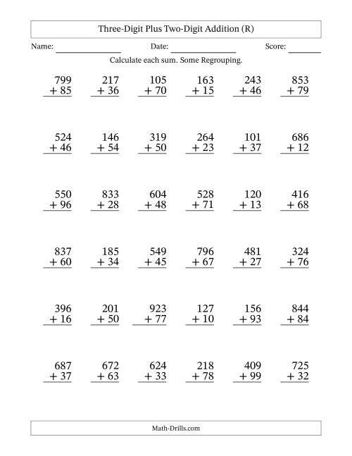 The Three-Digit Plus Two-Digit Addition With Some Regrouping – 36 Questions (R) Math Worksheet