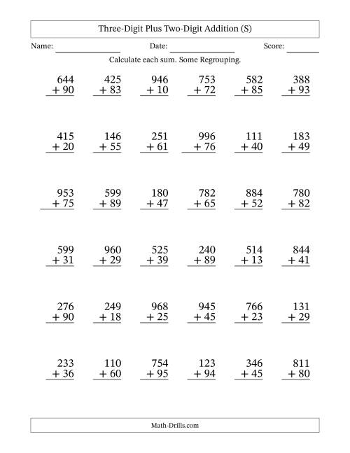 The Three-Digit Plus Two-Digit Addition With Some Regrouping – 36 Questions (S) Math Worksheet