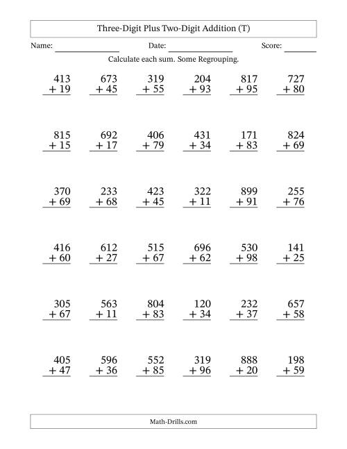 The Three-Digit Plus Two-Digit Addition With Some Regrouping – 36 Questions (T) Math Worksheet