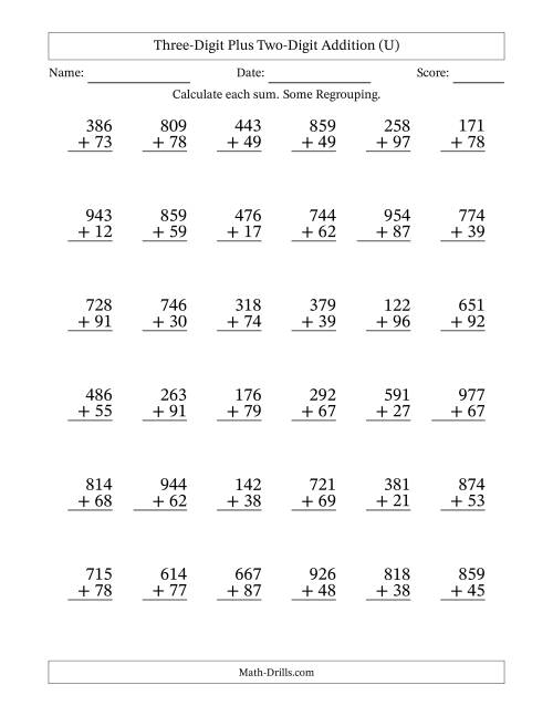 The Three-Digit Plus Two-Digit Addition With Some Regrouping – 36 Questions (U) Math Worksheet