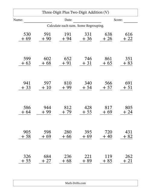 The Three-Digit Plus Two-Digit Addition With Some Regrouping – 36 Questions (V) Math Worksheet