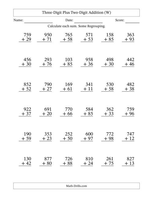 The Three-Digit Plus Two-Digit Addition With Some Regrouping – 36 Questions (W) Math Worksheet
