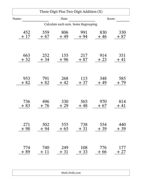 The Three-Digit Plus Two-Digit Addition With Some Regrouping – 36 Questions (X) Math Worksheet