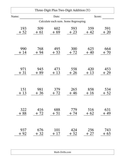The Three-Digit Plus Two-Digit Addition With Some Regrouping – 36 Questions (Y) Math Worksheet