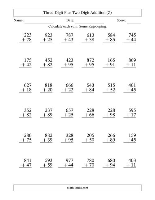 The Three-Digit Plus Two-Digit Addition With Some Regrouping – 36 Questions (Z) Math Worksheet